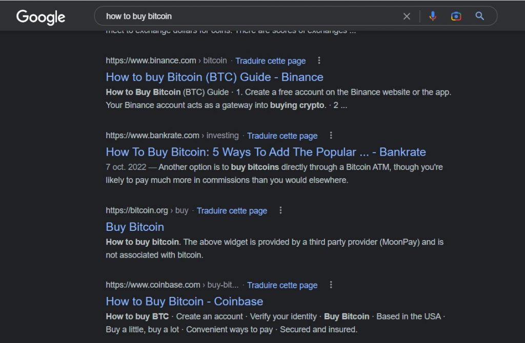 Screenshot d'une recherche Google "How to buy Bitcoin". On voit que les entreprises Web 3, Binance et Coinbase, font du SEO.